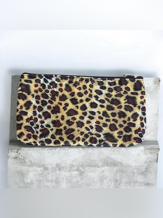 Handbags - Leopard Print Zip Pouch - Tan, Burgundy & Black